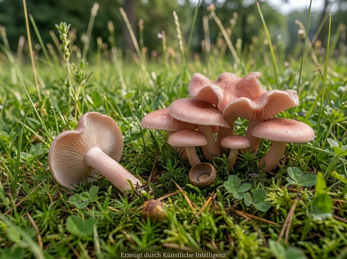 Fleischrötlicher Schönkopf - Bild exemplarisch, KI generiert. Der Fleischrötliche Schönkopf ist ein relativ kleiner Pilz, der häufig im Gras wächst, Hut und Stiel sind fleischfarben bis rosa gefärbt. 